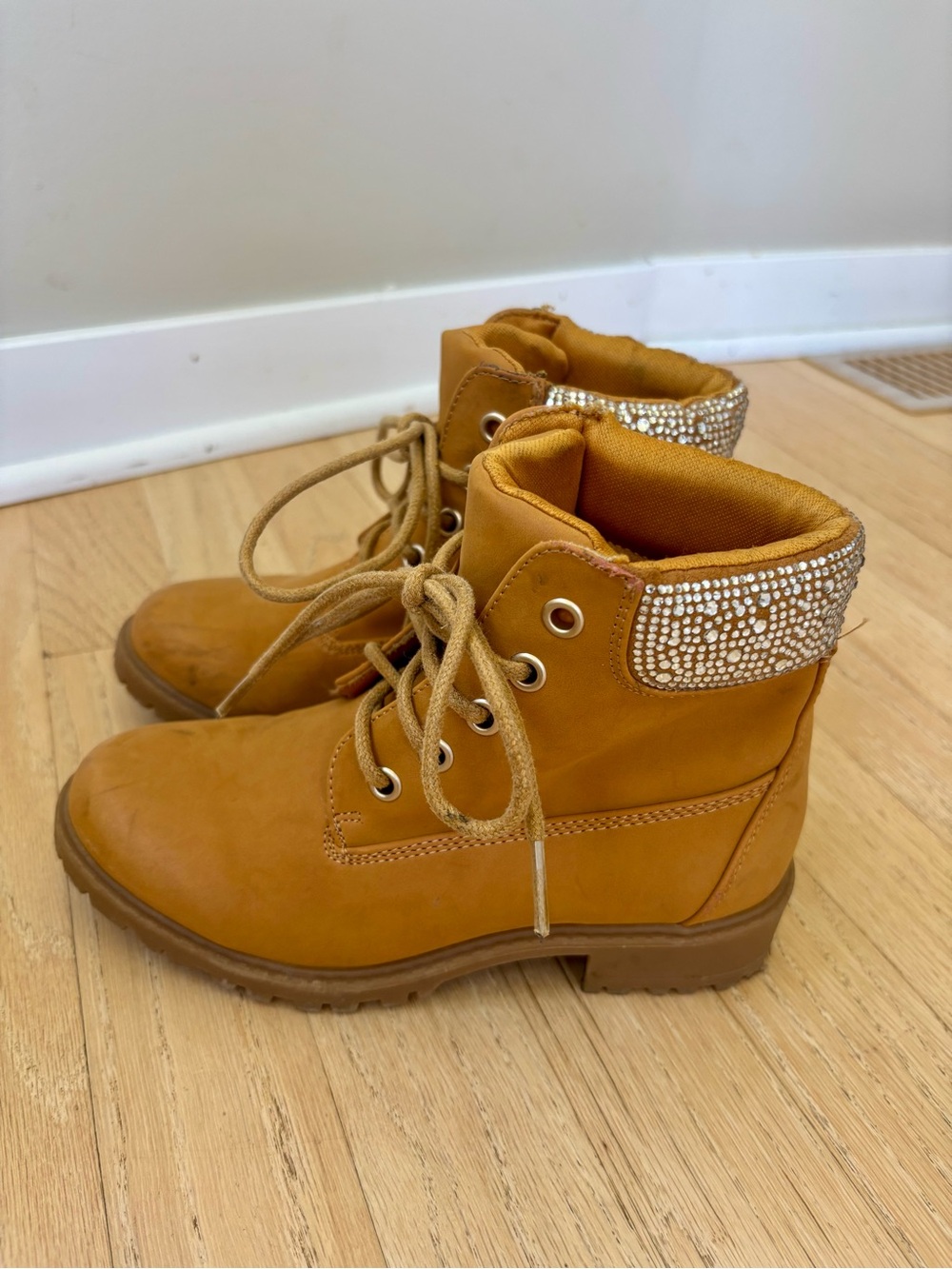 Girls MIA Tan Lace-Up Boots with Bedazzled Rhinestones Size 1